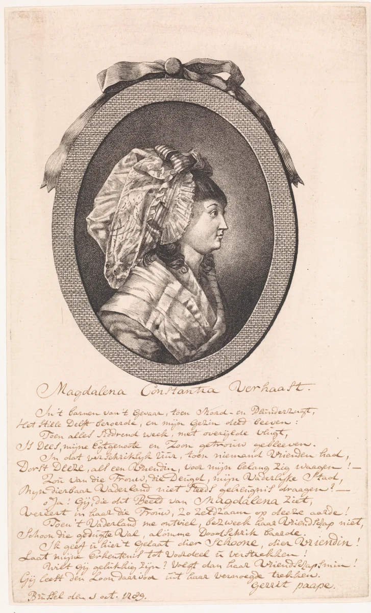 Portret van Magdalena Constantia Verhaast by Jan Gerard Waldorp, print, 1789