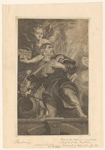 H. Rochus met een engel by anonymous, print, 1623-1672
