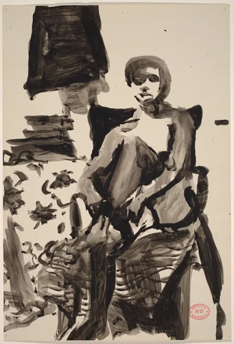 Untitled [seated nude adjusting her black stocking] by Richard Diebenkorn, drawing, 1955-1967