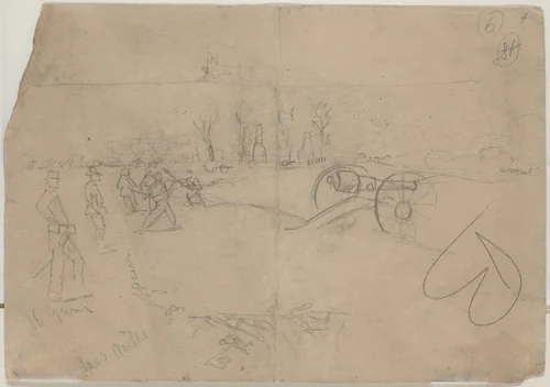 Soldiers and Cannon [verso] by Winslow Homer, drawing, 1862