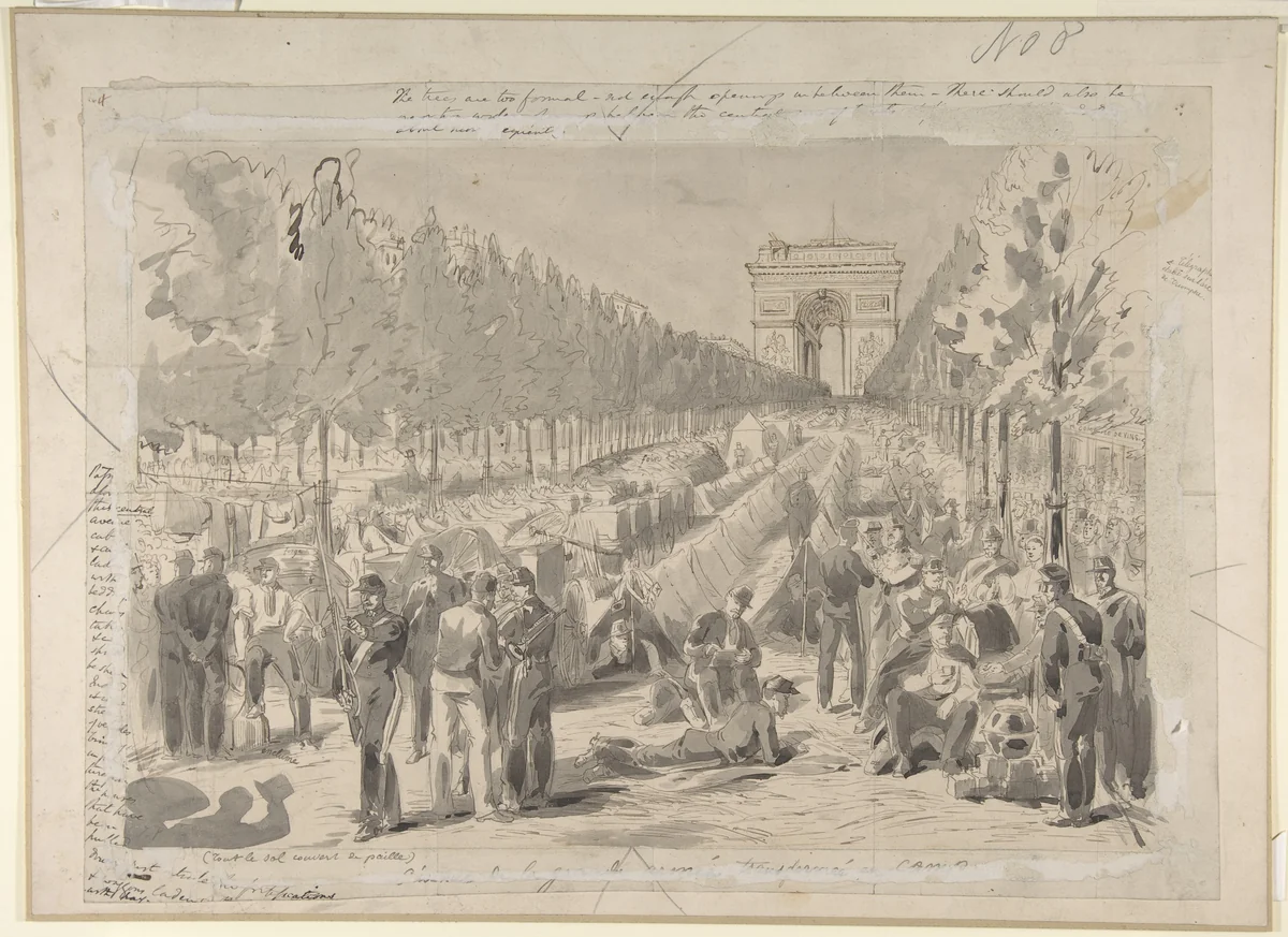 Troops Encamped on the Champs Elysées, 1870 by anonymous, drawing, 1800-1899