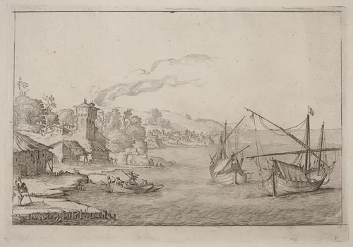 Coastal Landscape with Anchored Vessels by Ercole Bazicaluva, print, 1638