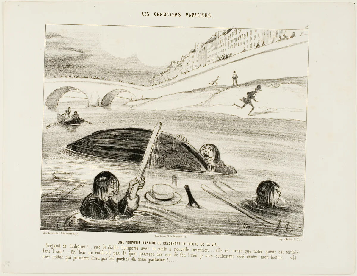 A New Way to Float Down the River of Life. - Radiguet you rascal, to hell with you, your boat and your new invention.... it is your fault that the entire outing went down the drain. - Come, come now.... no reason to scream hell. I am just angry about my boot-maker... since my shoes are being filled with water coming from the holes in the pockets of my pants., plate 3 from Les Canotiers Parisiens by Honoré-Victorin Daumier, print, 1843