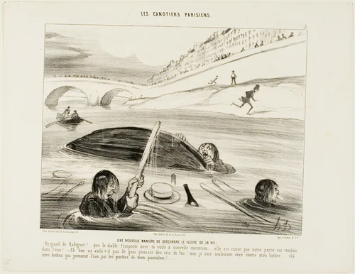 A New Way to Float Down the River of Life. - Radiguet you rascal, to hell with you, your boat and your new invention.... it is your fault that the entire outing went down the drain. - Come, come now.... no reason to scream hell. I am just angry about my boot-maker... since my shoes are being filled with water coming from the holes in the pockets of my pants., plate 3 from Les Canotiers Parisiens by Honoré-Victorin Daumier, print, 1843
