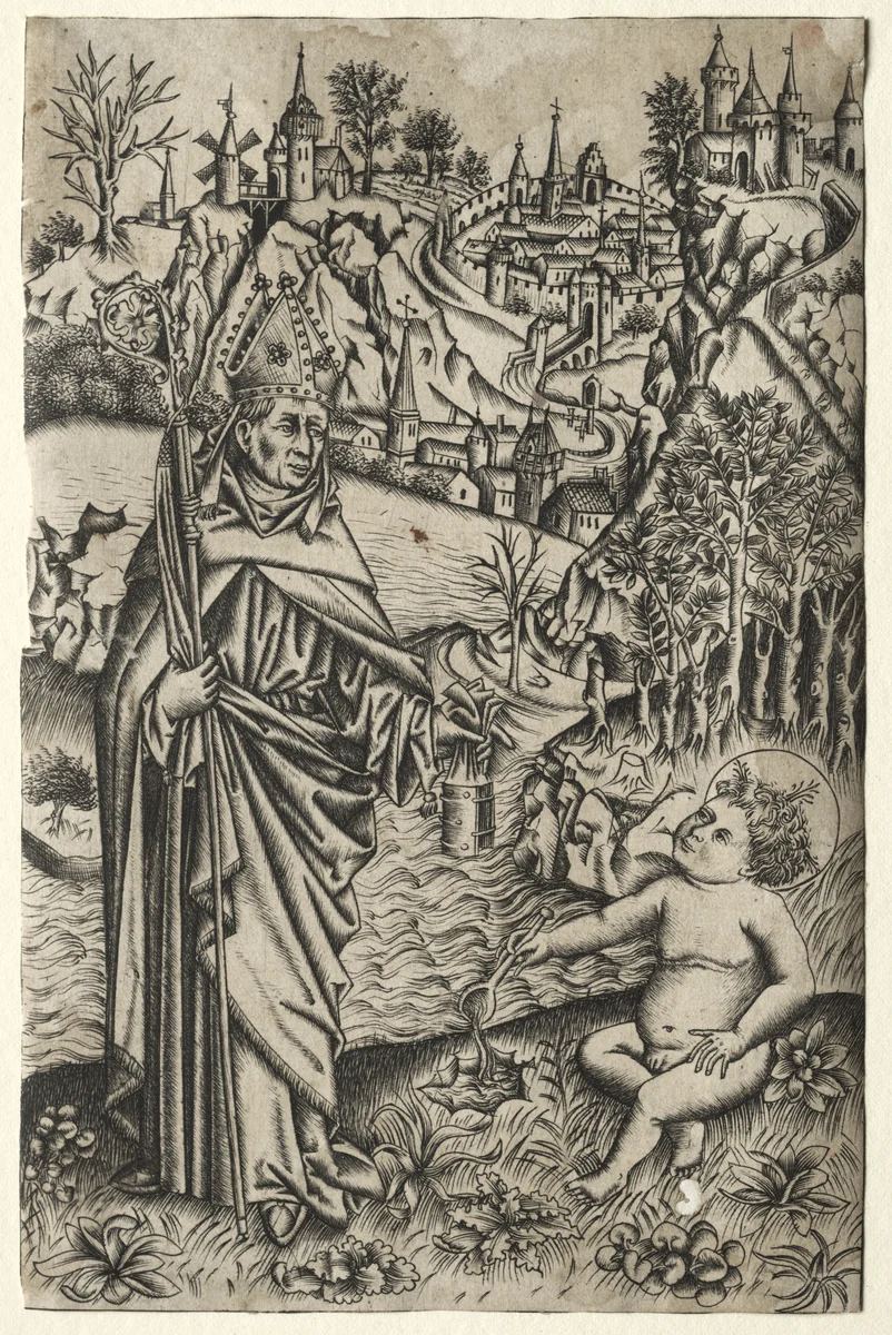 St. Augustine and the Child on the Seashore by Master of the Nuremberg Passion, print, 1465-1469