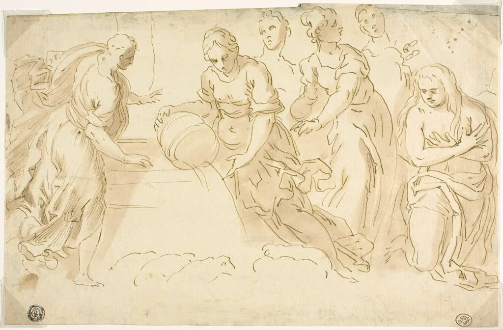 Jacob and Rachel at the Well by Jacopo Negretti, drawing, 1680-1699