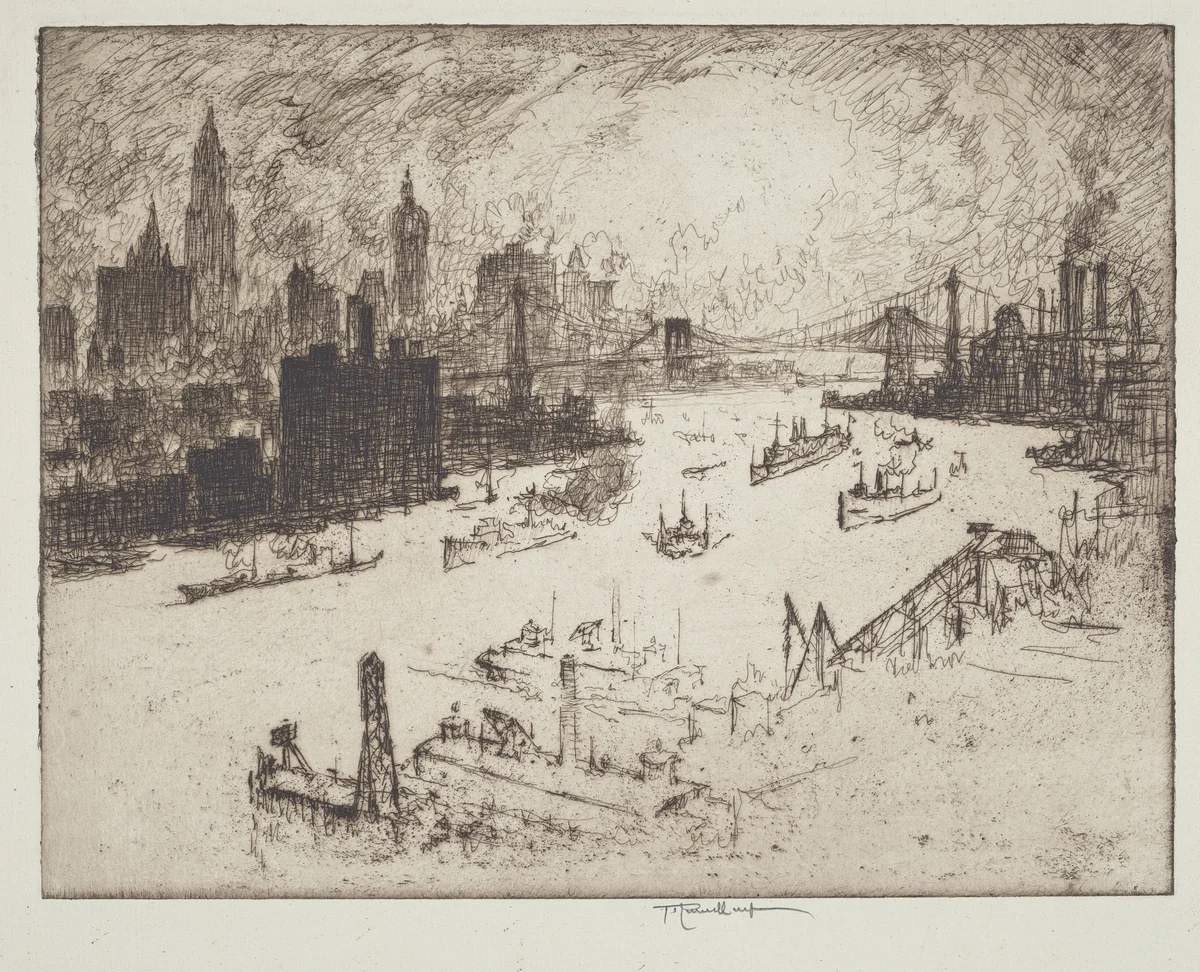 Sunset, from Williamsburg Bridge by Joseph Pennell, print, 1915