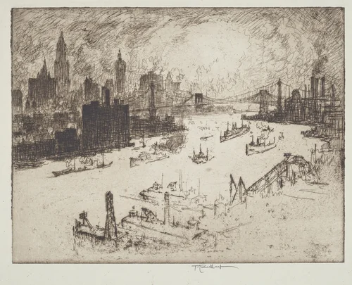 Sunset, from Williamsburg Bridge by Joseph Pennell, print, 1915