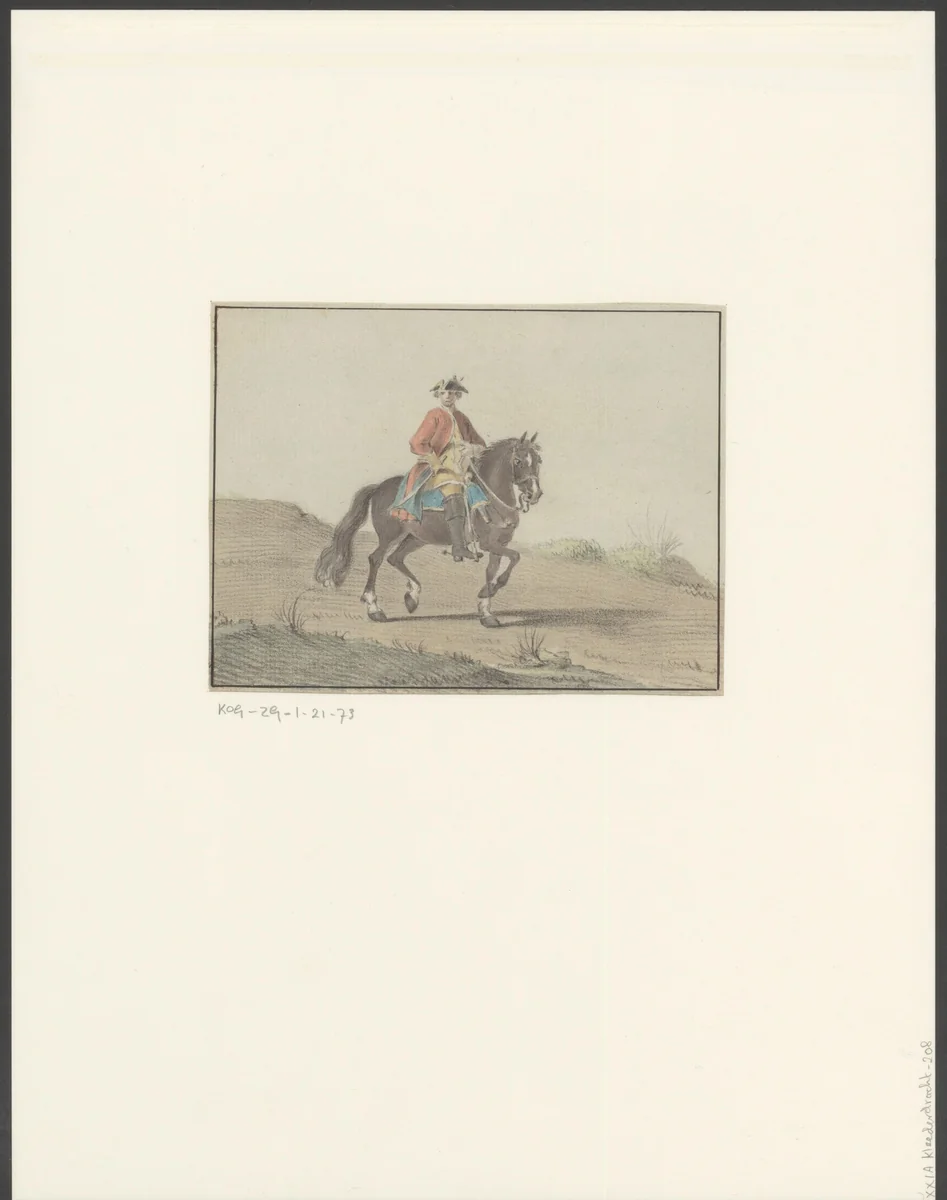 Man te paard in rijkostuum met driekantige steek by anonymous, drawing, 1700-1799