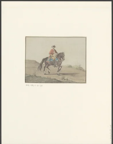 Man te paard in rijkostuum met driekantige steek by anonymous, drawing, 1700-1799
