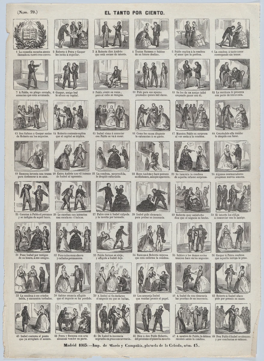 Broadside with 48 scenes relating to the comedy 'El Tanto por Ciento' by José María Marés, print, 1863
