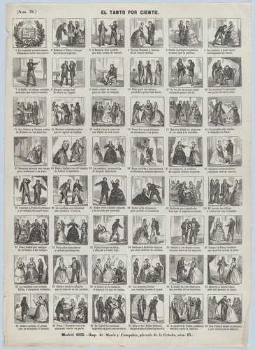 Broadside with 48 scenes relating to the comedy 'El Tanto por Ciento' by José María Marés, print, 1863