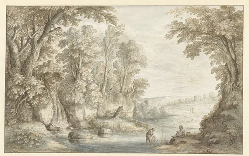 Two Anglers in a Wooded Landscape with a Waterfall by Marten de Cock, drawing, 1628