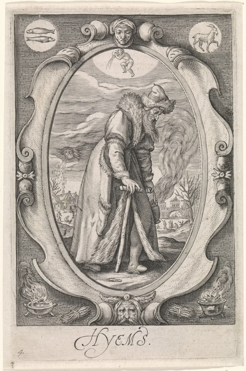Personificatie van de winter (hyems) by Jacob Matham, print, 1588-1602