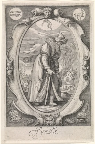 Personificatie van de winter (hyems) by Jacob Matham, print, 1588-1602
