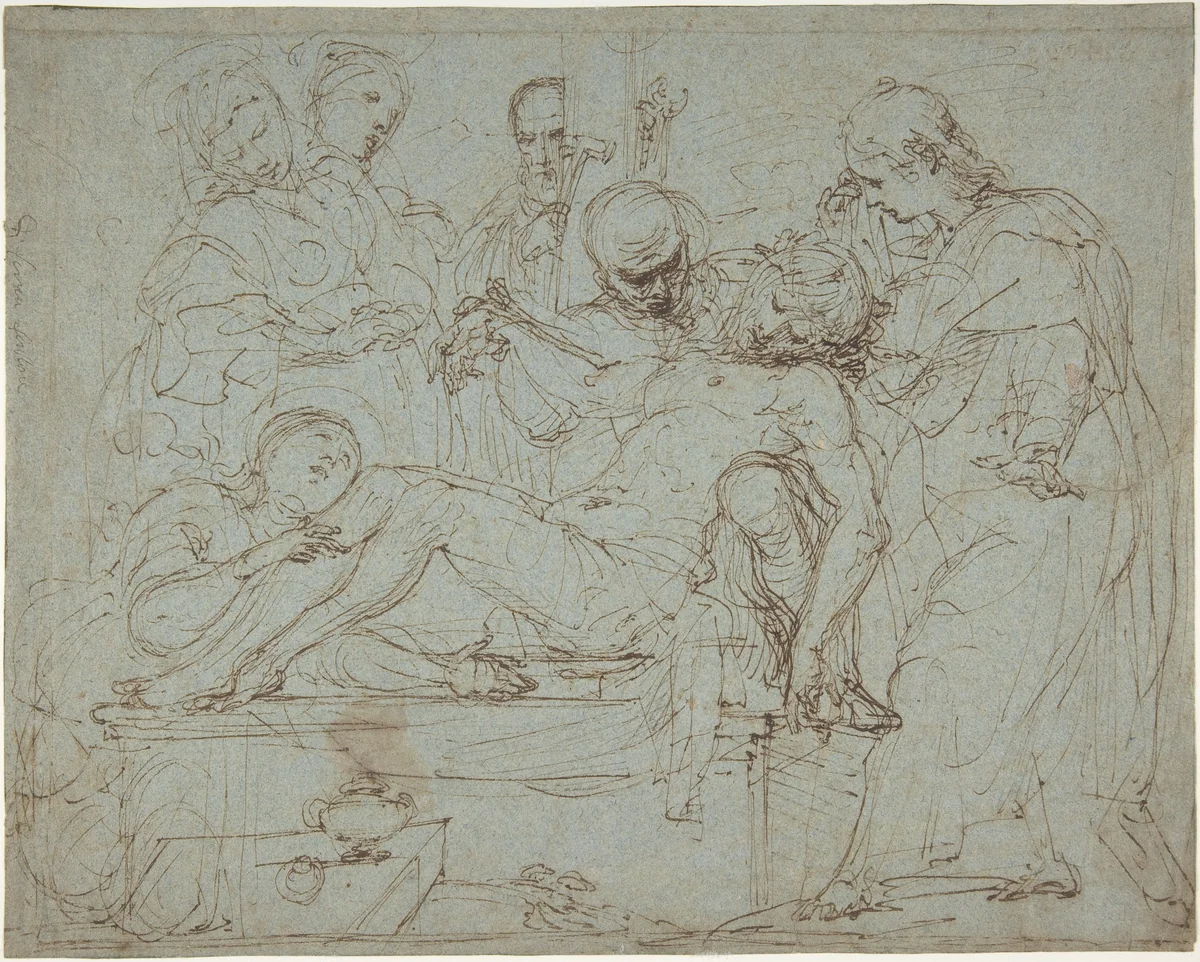 Lamentation over the Dead Christ at the Foot of the Cross (recto); Studies for the Burial of Christ (verso) by Ferraù Fenzoni, drawing, 1620-1630