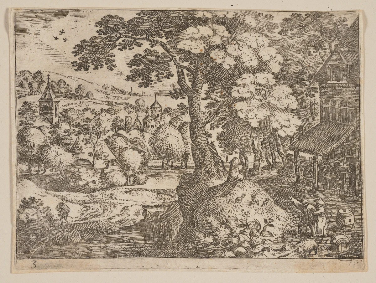 Tavern to Right of a Path, from Landscapes by Jacob Savery, print, 1590-1600