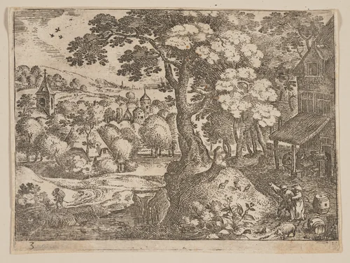 Tavern to Right of a Path, from Landscapes by Jacob Savery, print, 1590-1600
