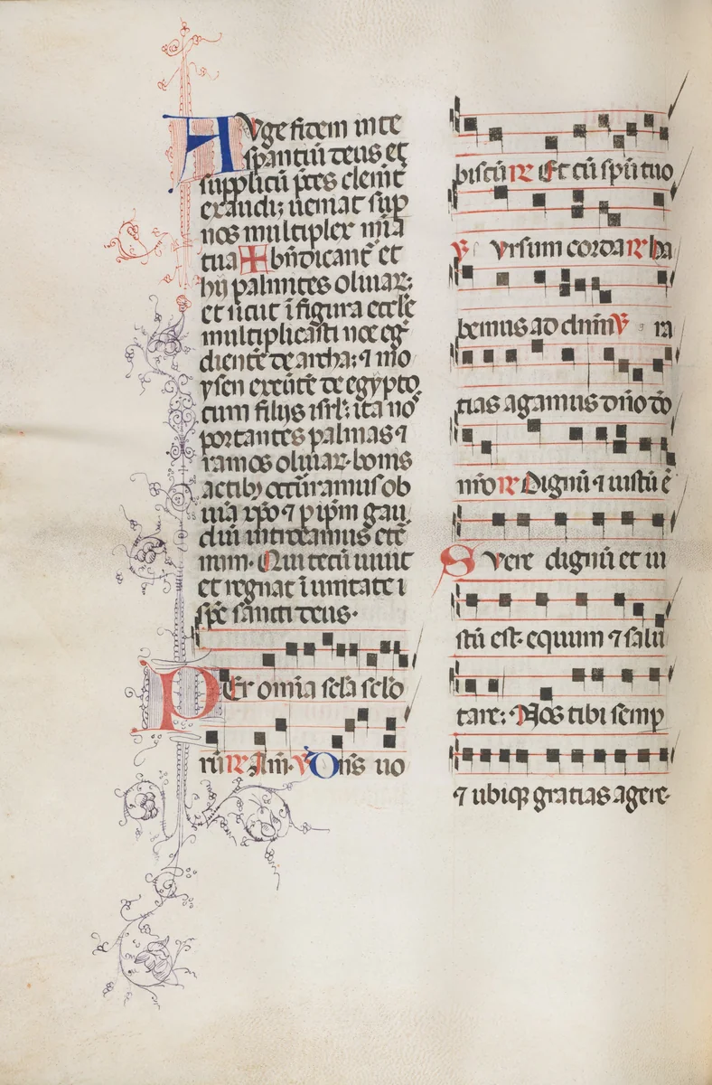 Missale: Fol. 111v; contains some music as part of Palm Sunday liturgy by Bartolommeo Caporali, book, 1469
