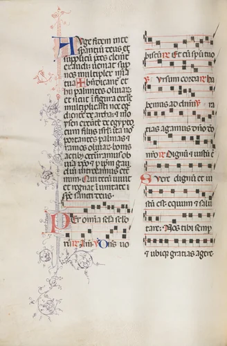 Missale: Fol. 111v; contains some music as part of Palm Sunday liturgy by Bartolommeo Caporali, book, 1469