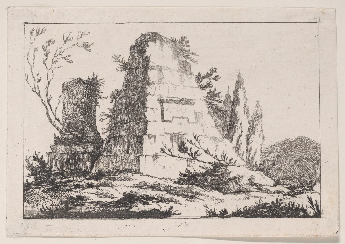 Rustic Landscape with Stone Monument by Louis Philippe Joseph, print, 1740-1785