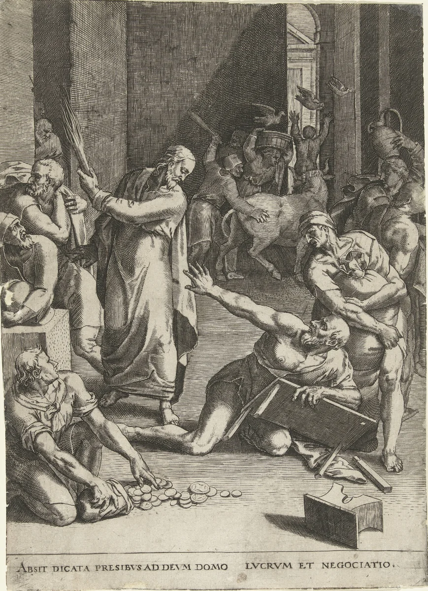 Christus verdrijft de geldwisselaars uit de tempel by anonymous, print, 1568-1676