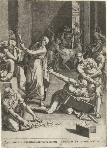 Christus verdrijft de geldwisselaars uit de tempel by anonymous, print, 1568-1676