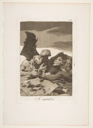 Plate 51 from "Los Caprichos": They spruce themselves up (Se repulen) by Goya, print, 1799