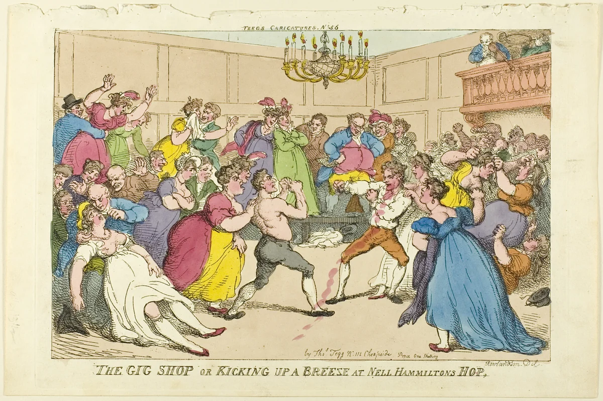 The Gig Shop or Kicking up a Breeze at Nell Hammiltons Hop by Thomas Rowlandson, print, 1811