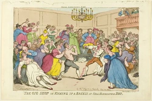 The Gig Shop or Kicking up a Breeze at Nell Hammiltons Hop by Thomas Rowlandson, print, 1811