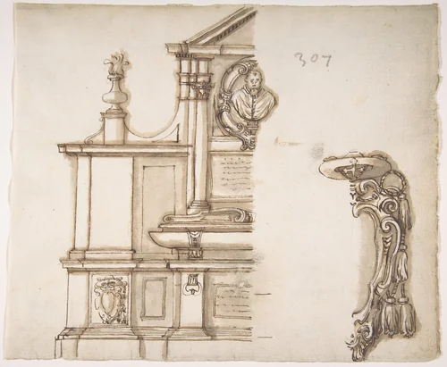 Design for a Tomb for a Cardinal by anonymous, drawing, 1500-1599