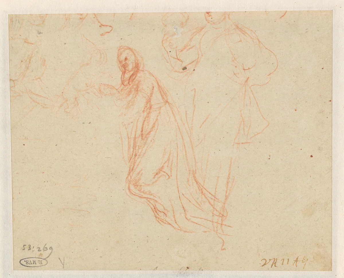 Studieblad met knielende en staande figuren by Jan Gerritsz. van Bronckhorst, drawing, 1613-1677
