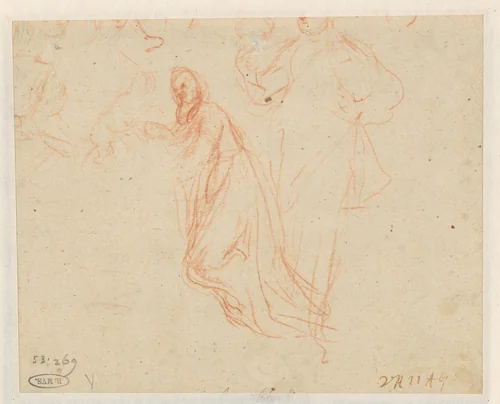 Studieblad met knielende en staande figuren by Jan Gerritsz. van Bronckhorst, drawing, 1613-1677