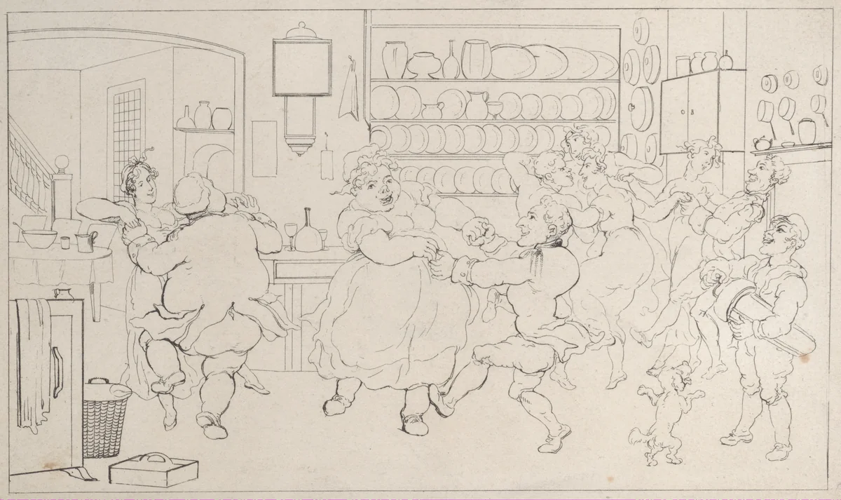 Quoe Genus in the Sports of the Kitchen, from "The History of Johnny Quoe Genus: the Little Foundling of the Late Doctor Syntax" by Thomas Rowlandson, print, 1822