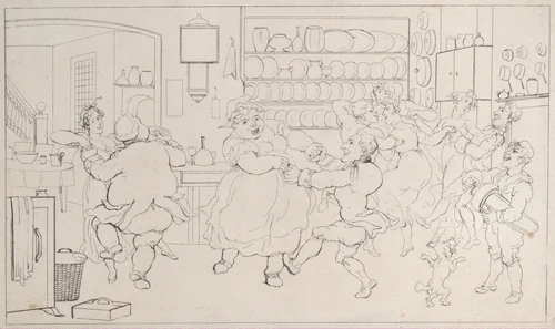 Quoe Genus in the Sports of the Kitchen, from "The History of Johnny Quoe Genus: the Little Foundling of the Late Doctor Syntax" by Thomas Rowlandson, print, 1822