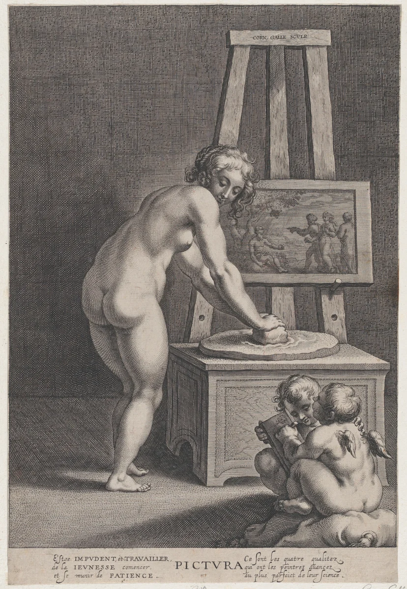 Pictura: allegory of painting, with a nude woman at center grinding pigments, two putti drawing at lower right by Cornelis Galle, print, 1605-1650
