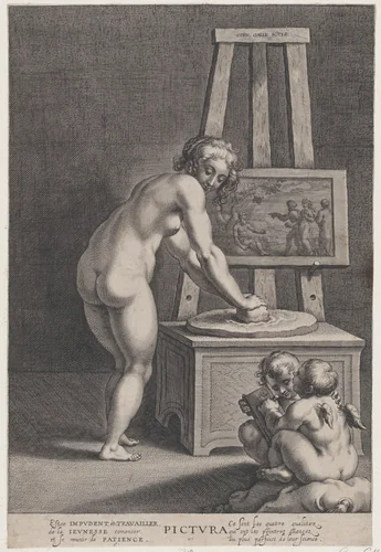 Pictura: allegory of painting, with a nude woman at center grinding pigments, two putti drawing at lower right by Cornelis Galle, print, 1605-1650
