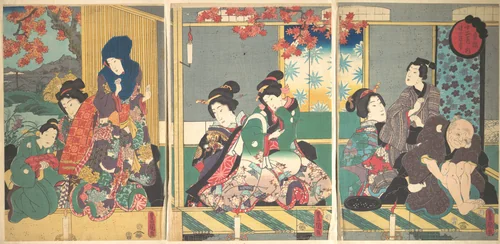 Banquet of the Next Full Moon at the Chrysanthemum Festival, from the series The Twelve Months (Chōyō nochi no tsuki no en, Jūni tsuki no uchi) by Utagawa Kunisada (歌川国貞), print, 1854