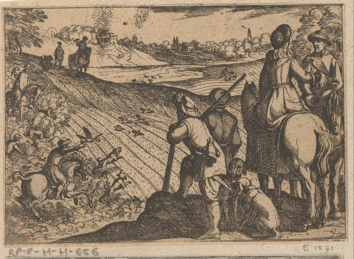 Jagers met valken jagen op wilde vogels by Antonio Tempesta, print, 1598