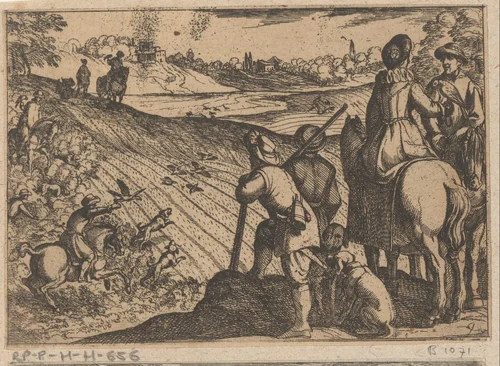 Jagers met valken jagen op wilde vogels by Antonio Tempesta, print, 1598