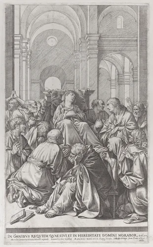 Death of the Virgin, lying on a chair at center, surrounded by Apostles, inside a temple by Jean Le Clerc, print, 1619