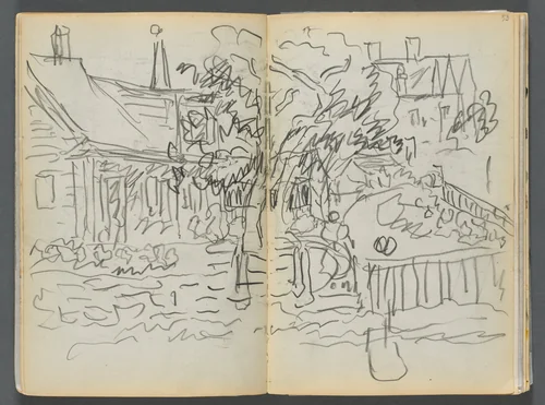 Sketchbook- The Granite Shore Hotel, Rockport, page 052 & 53: Houses and Gardens by Maurice Prendergast, book, 1905-1910
