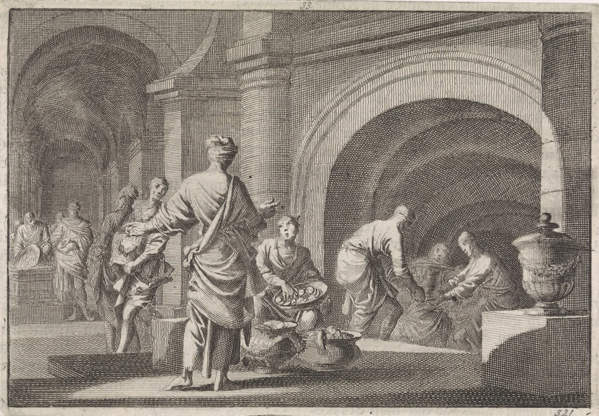 Hyrkanus rooft de kostbaarheden uit het graf van David by Jan Luyken, print, 1704