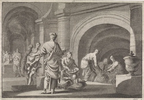 Hyrkanus rooft de kostbaarheden uit het graf van David by Jan Luyken, print, 1704