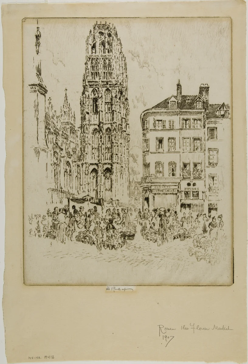 Flower Market and Butter Tower, Rouen by Joseph Pennell, print, 1907