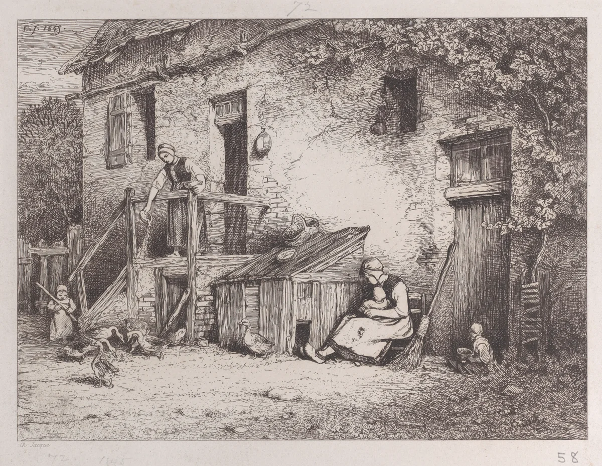 In Front of the House by Charles Jacque, print, 1845
