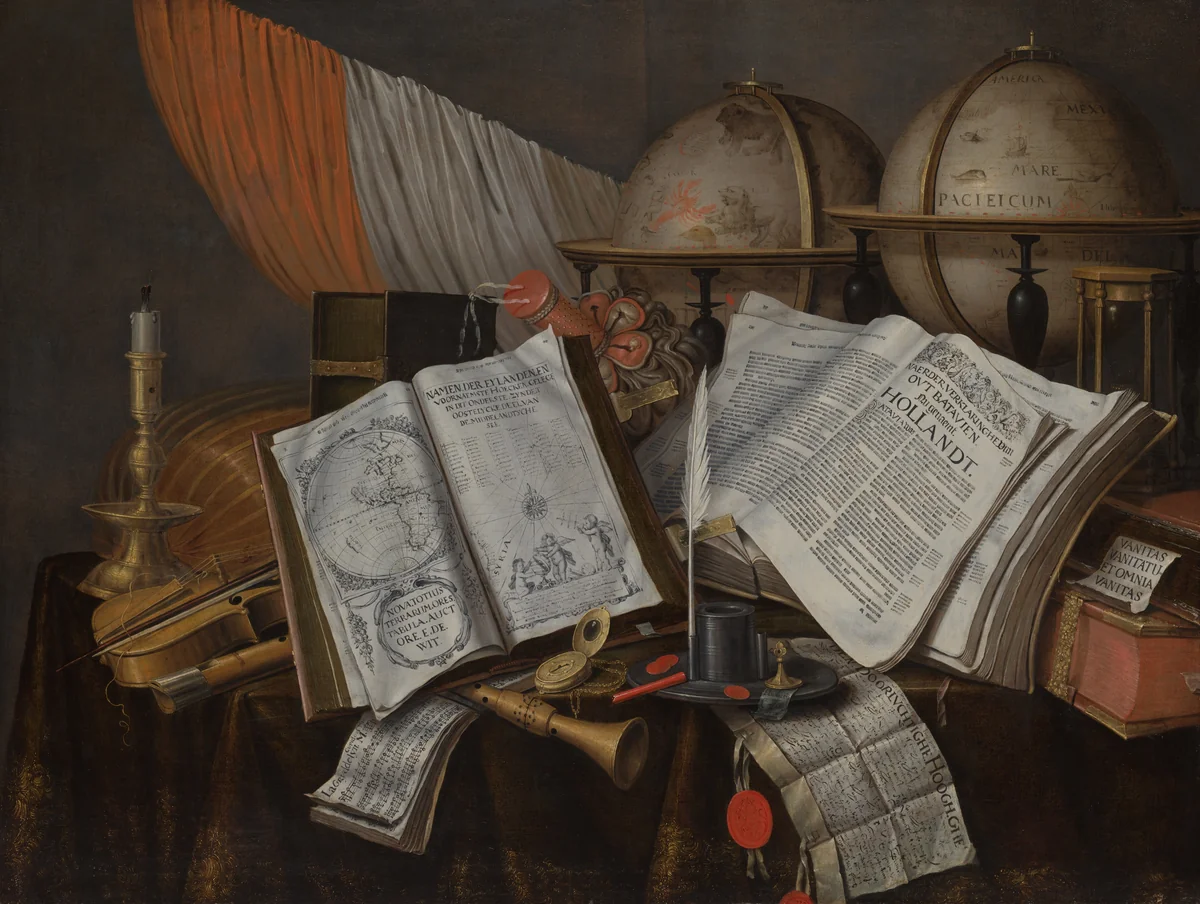 A Vanitas Still Life with a Flag, Candlestick, Musical Instruments, Books, Writing Paraphernalia, Globes and Hourglass by Edwaert Collier, painting, 1662