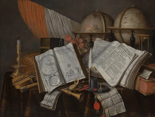 A Vanitas Still Life with a Flag, Candlestick, Musical Instruments, Books, Writing Paraphernalia, Globes and Hourglass by Edwaert Collier, painting, 1662