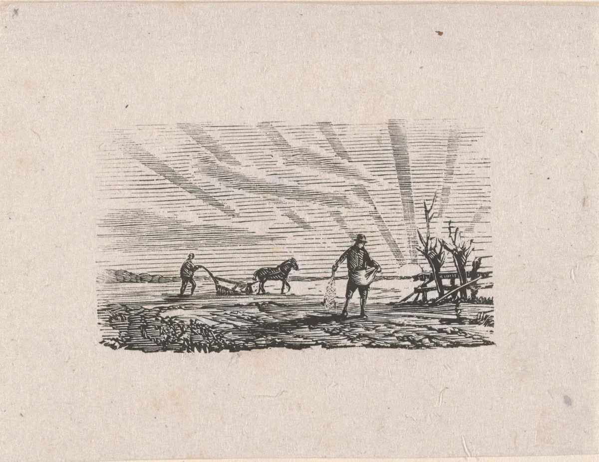 Ploeger en een zaaier werkend op het land by Isaac Weissenbruch, print, 1836-1912