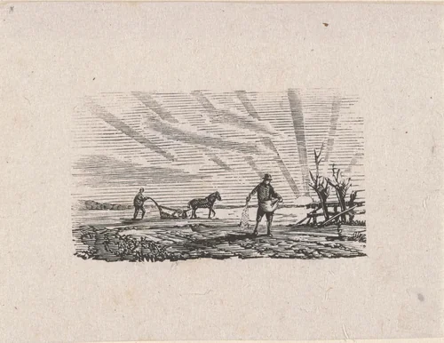 Ploeger en een zaaier werkend op het land by Isaac Weissenbruch, print, 1836-1912
